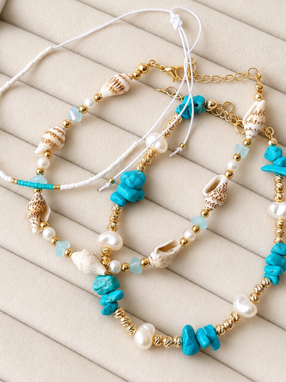 Last Set 🔥 Turquoise and Gold Beaded Anklet Set 3 Pc Set Summer Beach - Picture 2 of 6